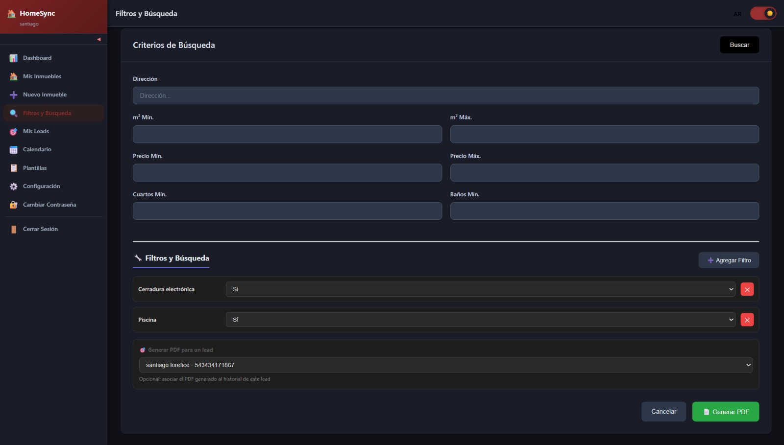 Filtros y PDF HomeSync